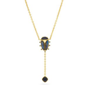 Scarab Lariat Necklace. 18+2 - Blue Labradorite/Black Agate