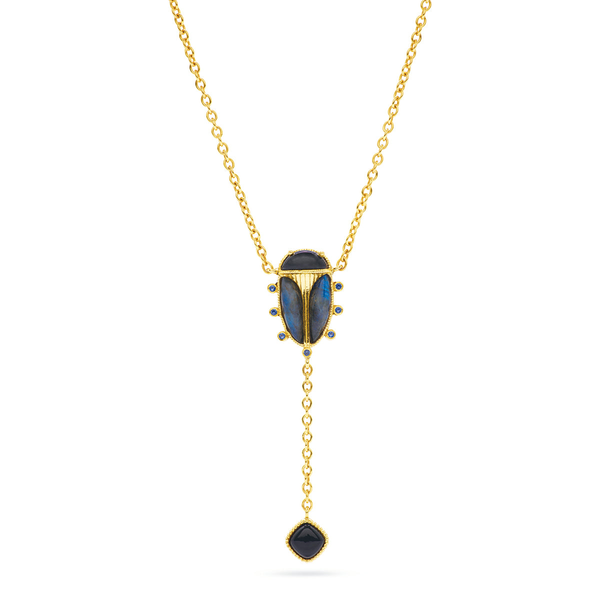 Scarab Lariat Necklace. 18+2 - Blue Labradorite/Black Agate