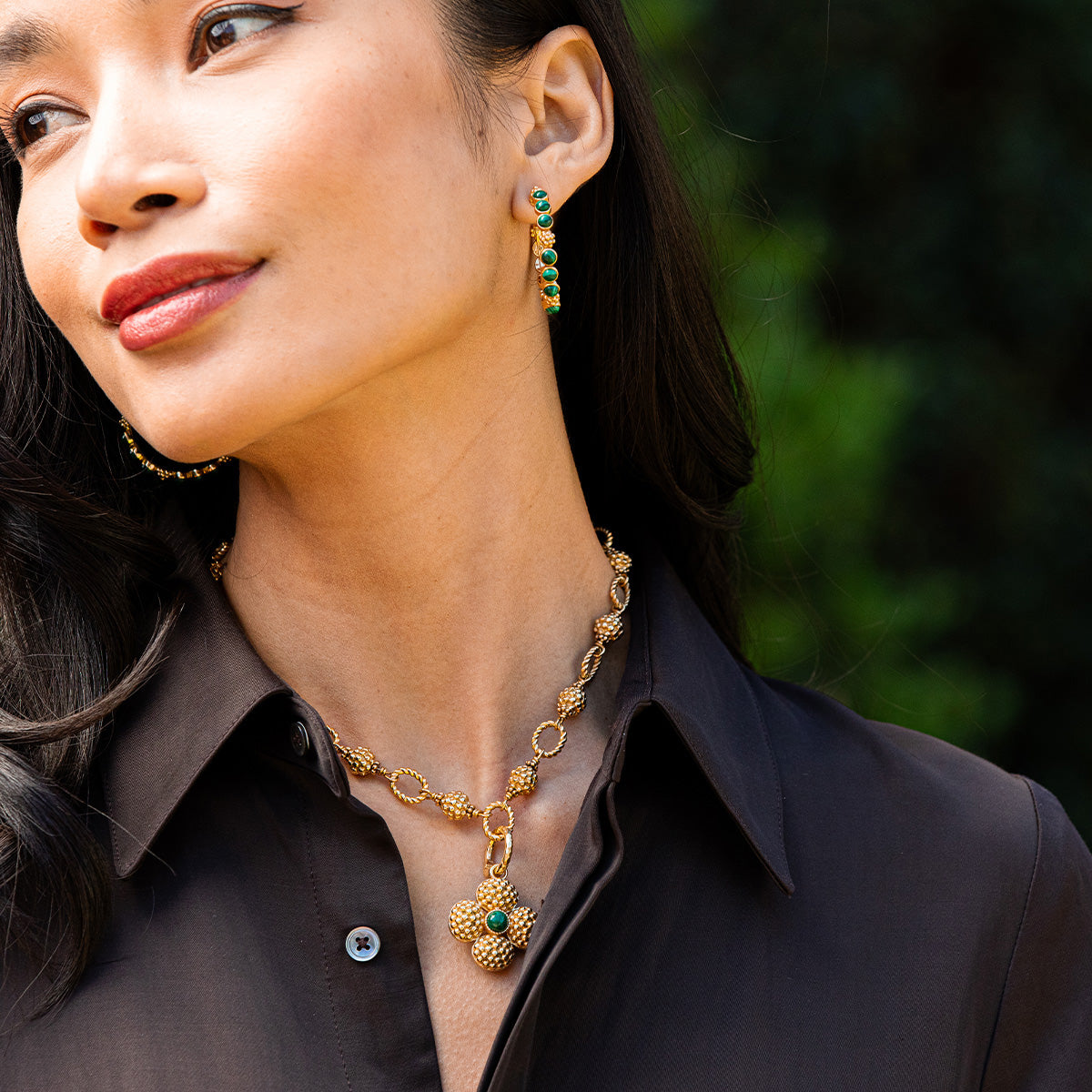 Berry Gem Medium Hoop Earrings - Malachite - Image 2