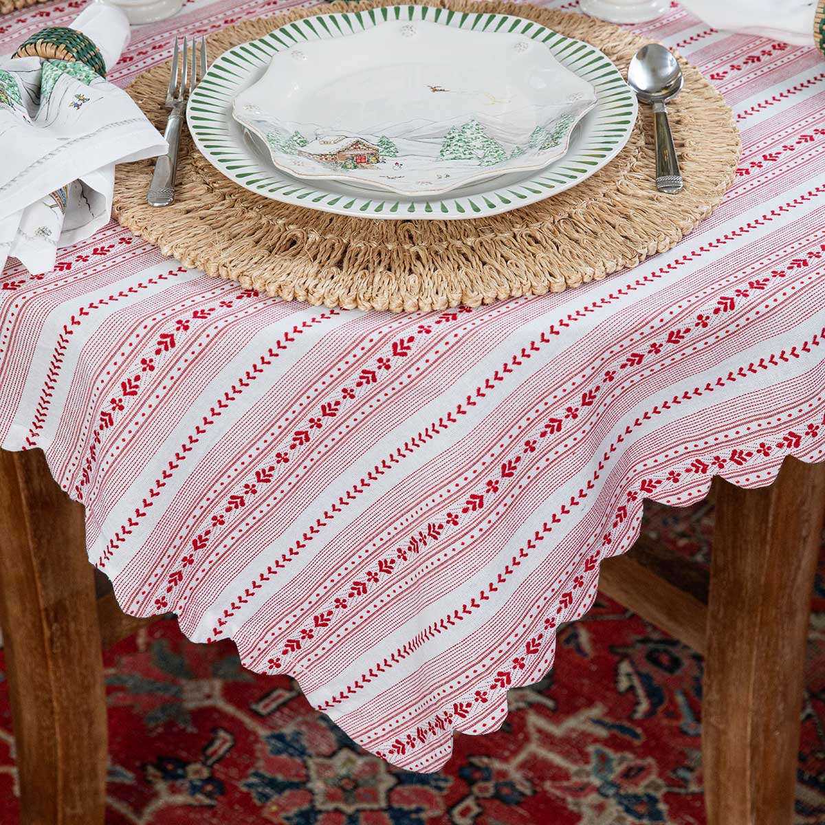 Villa Stripe 52 Square Tablecloth - Red - Image 2