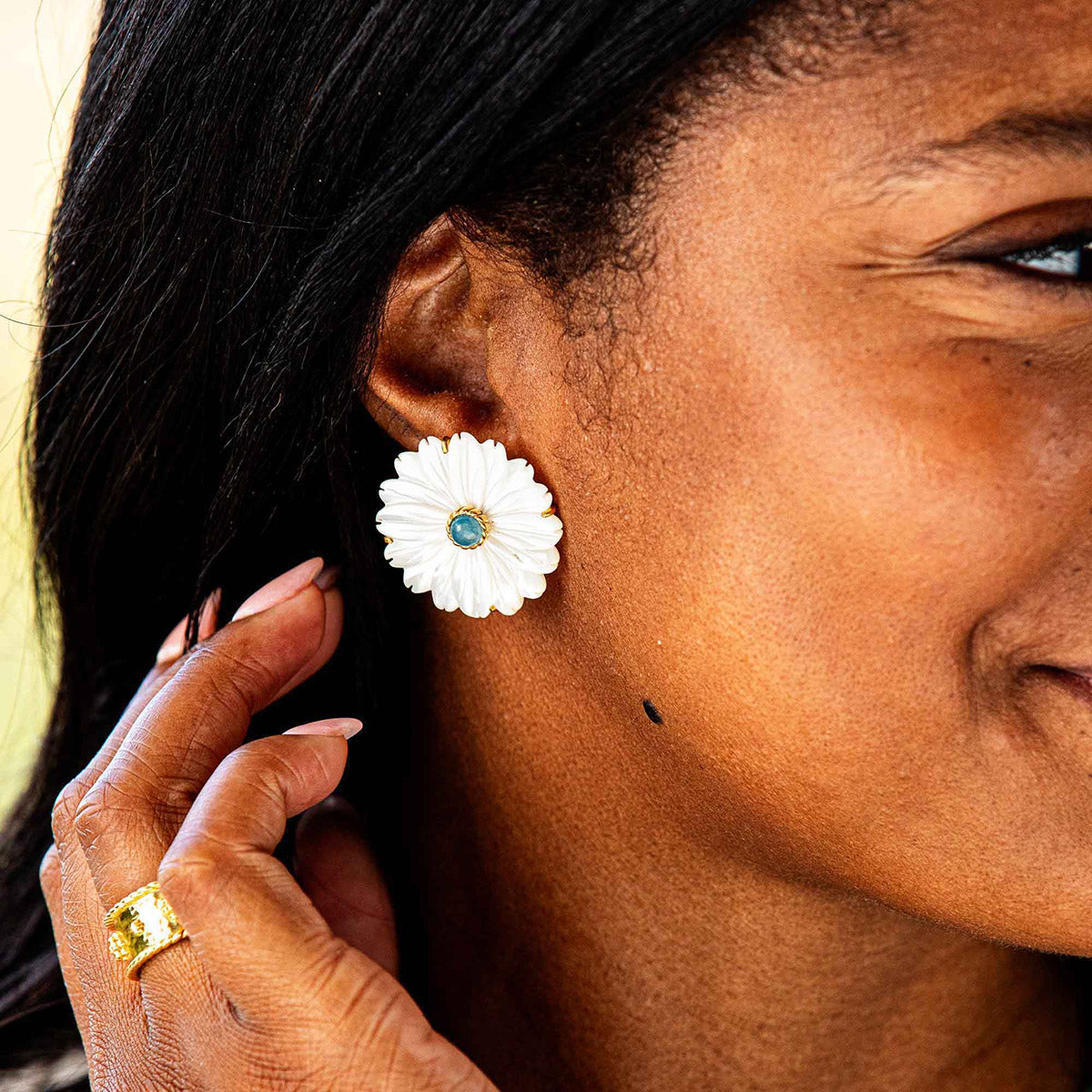 Mermaid Garden Flower Stud Earrings - MOP/Ocean Jade - Image 3