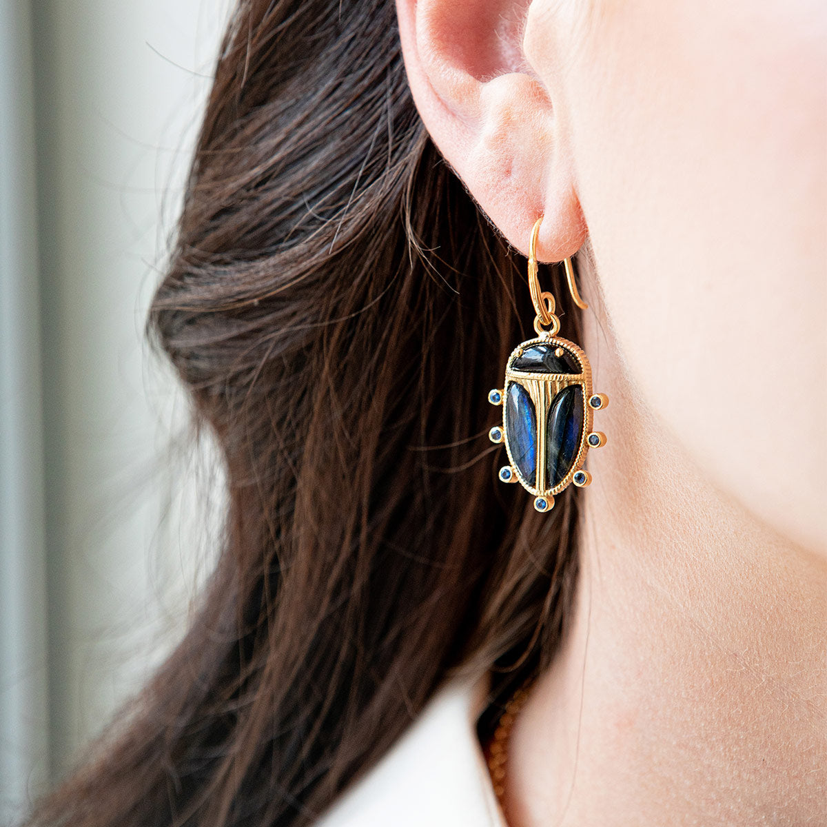 Scarab Petite Drop Earrings - Blue Labradorite/Black Agate - Image 3