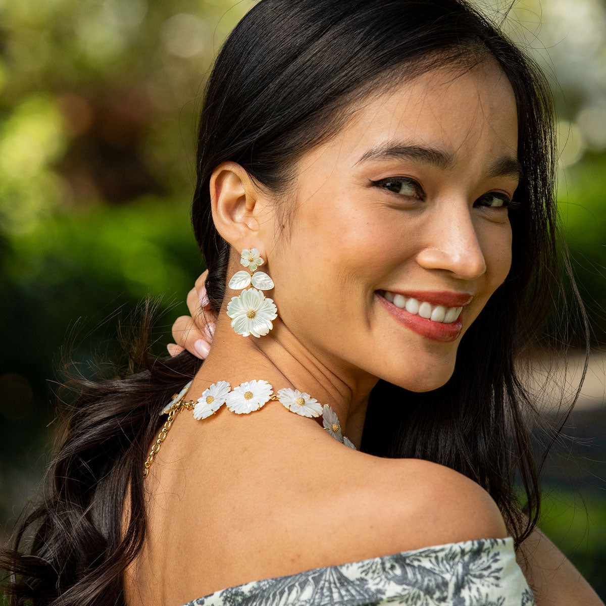 Mermaid Garden Floral Post Drop Earrings - MOP - Image 4
