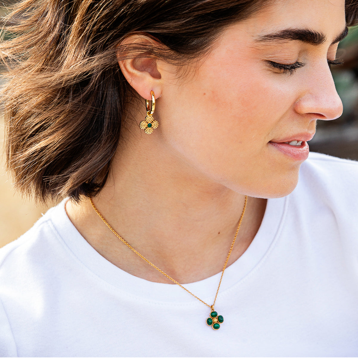 Berry Clover Hoop Earrings with Double Sided Charm - Malachite - Image 6