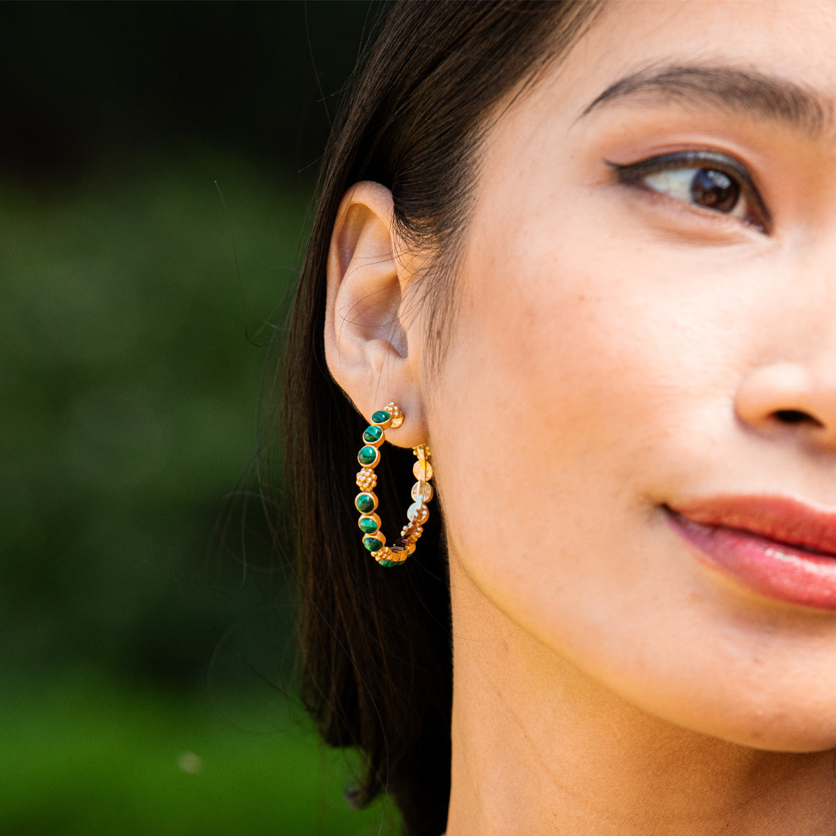 Berry Gem Medium Hoop Earrings - Malachite - Image 4