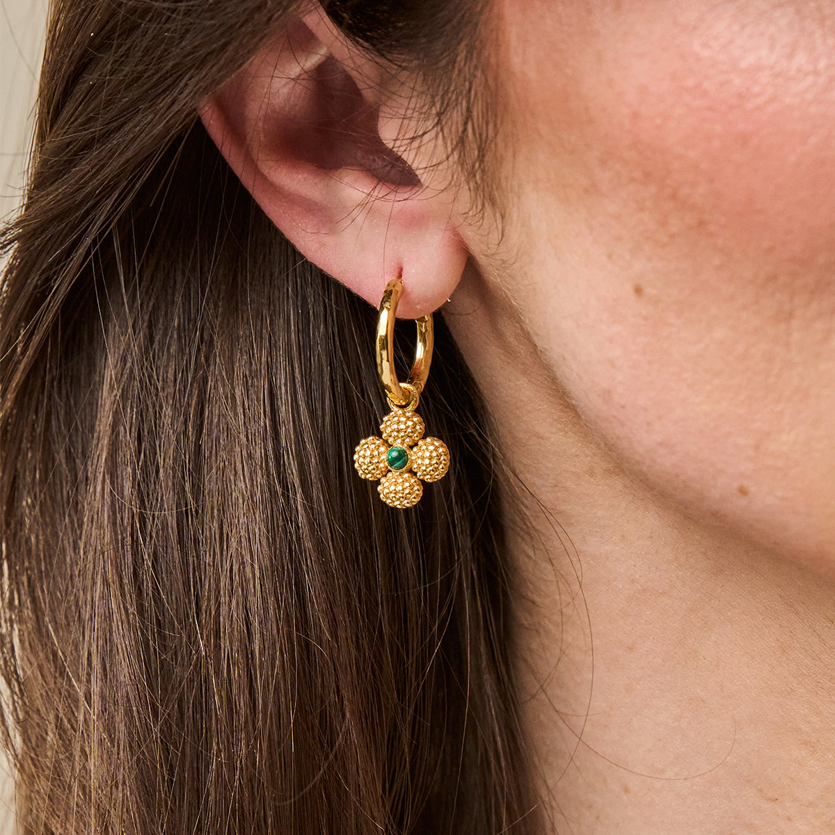 Berry Clover Hoop Earrings with Double Sided Charm - Malachite - Image 5