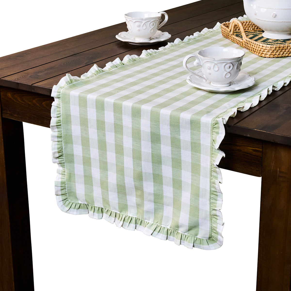 Gingham Ruffle 18 x 90 Table Runner - Seagrass - Image 2
