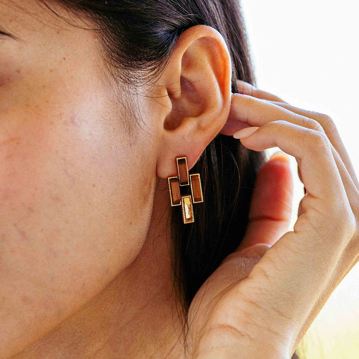 Pathway Post Small Link Earrings - Gold/Teak - Image 2