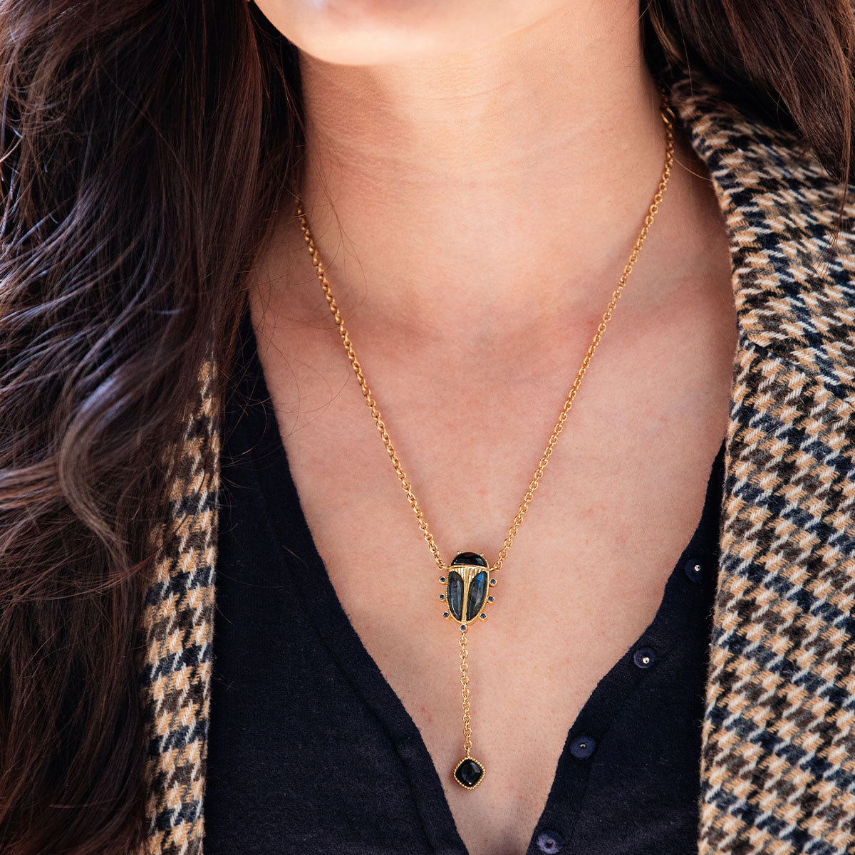 Scarab Lariat Necklace. 18+2 - Blue Labradorite/Black Agate - Image 4