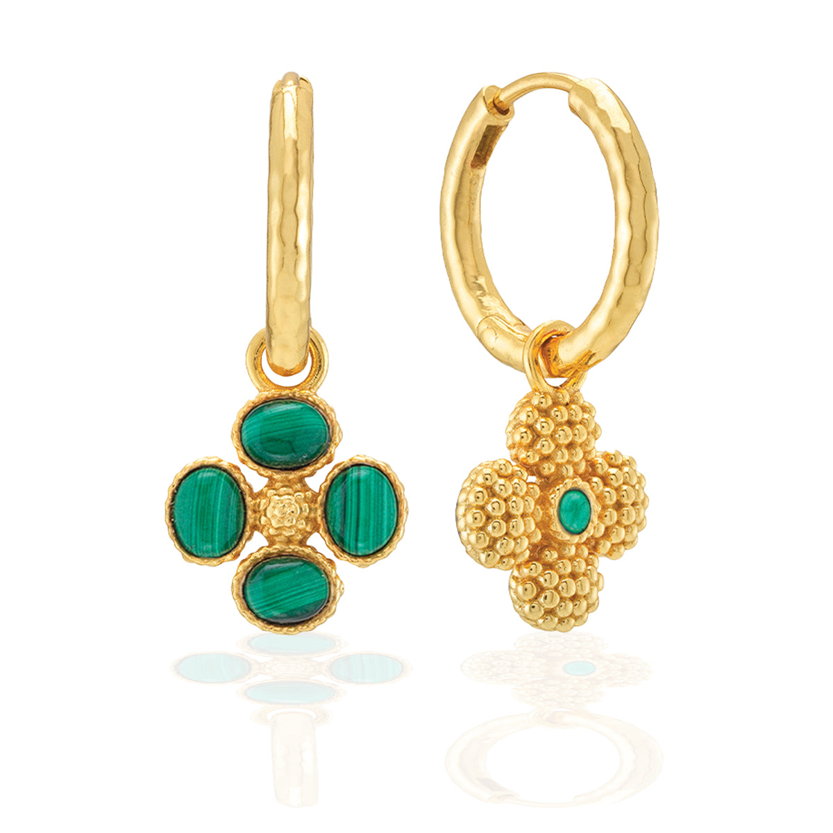 Berry Clover Hoop Earrings with Double Sided Charm - Malachite - Image 2