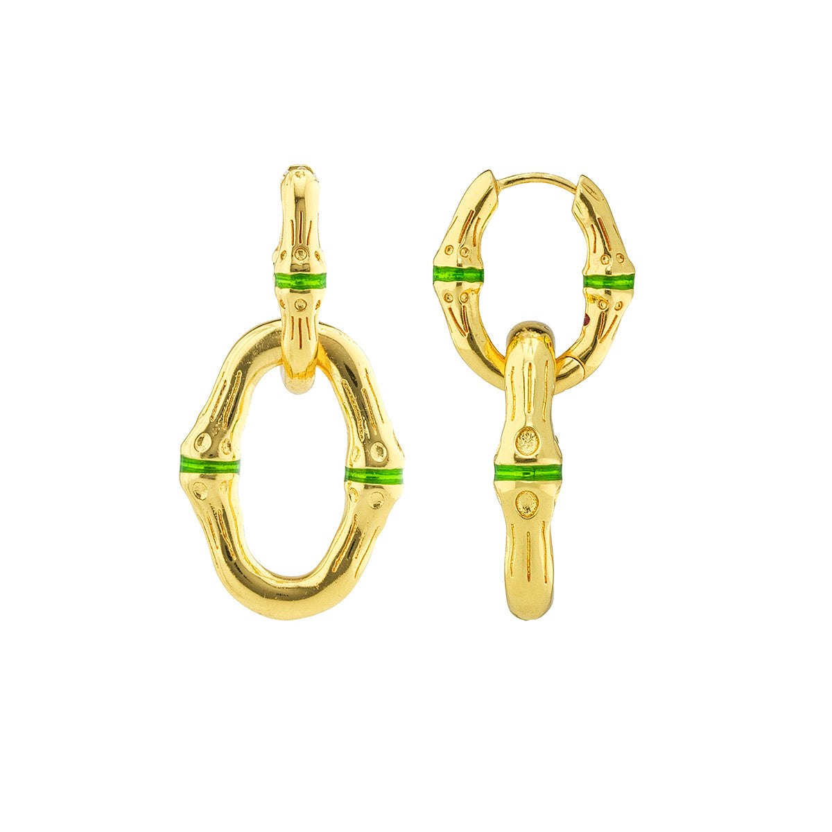 Bangkok Bamboo Link Earrings - Gold/Green Enamel - Image 3
