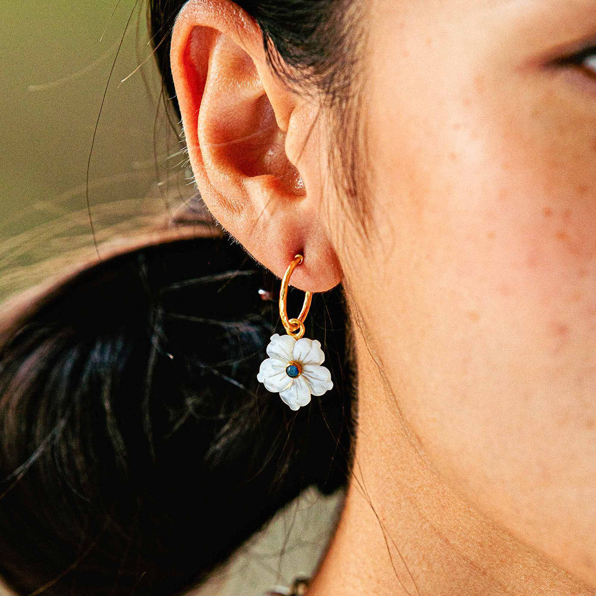 Mermaid Garden Hoop Earrings with Flower Charm - MOP - Image 5
