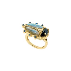 Scarab Ring - Black Agate/Blue Labradorite
