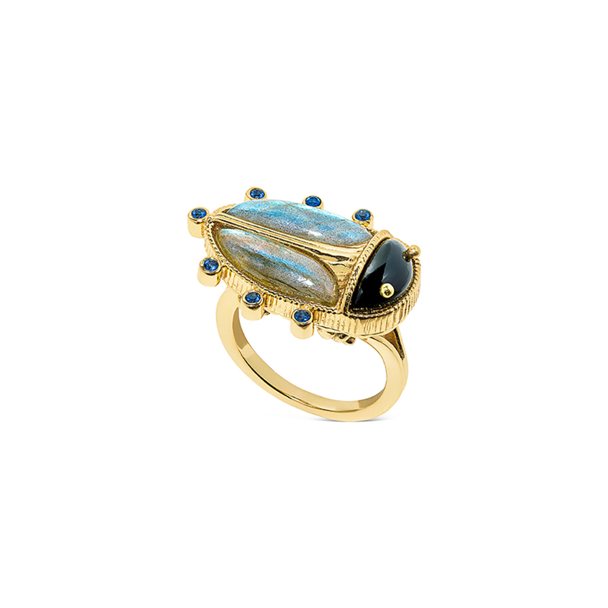 Scarab Ring - Black Agate/Blue Labradorite