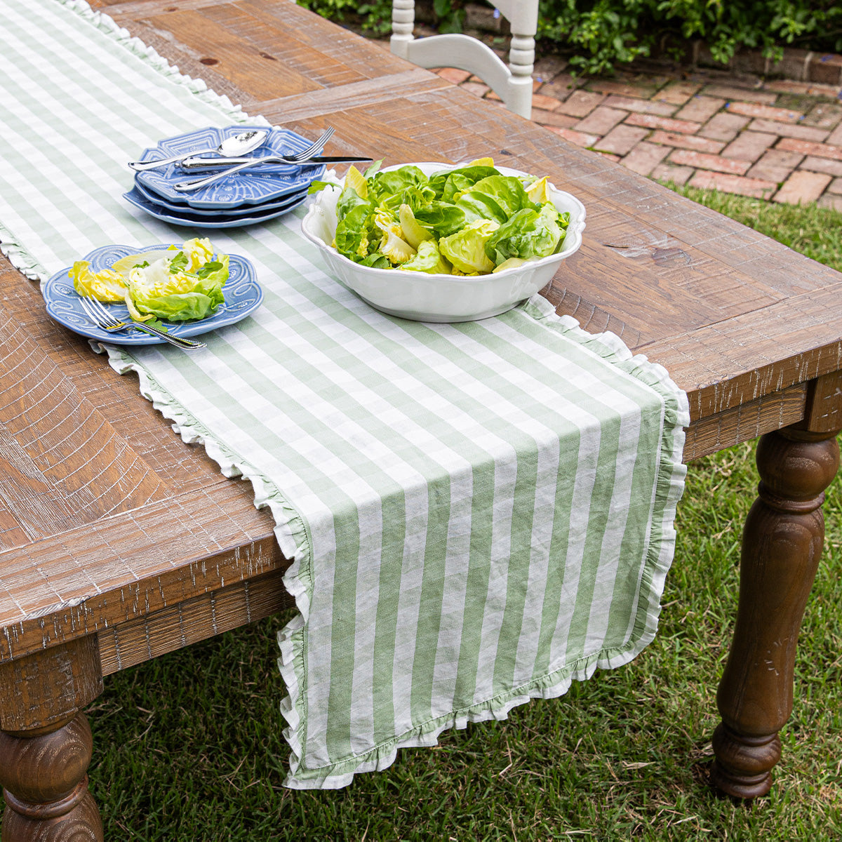 Gingham Ruffle 18 x 90 Table Runner - Seagrass - Image 3