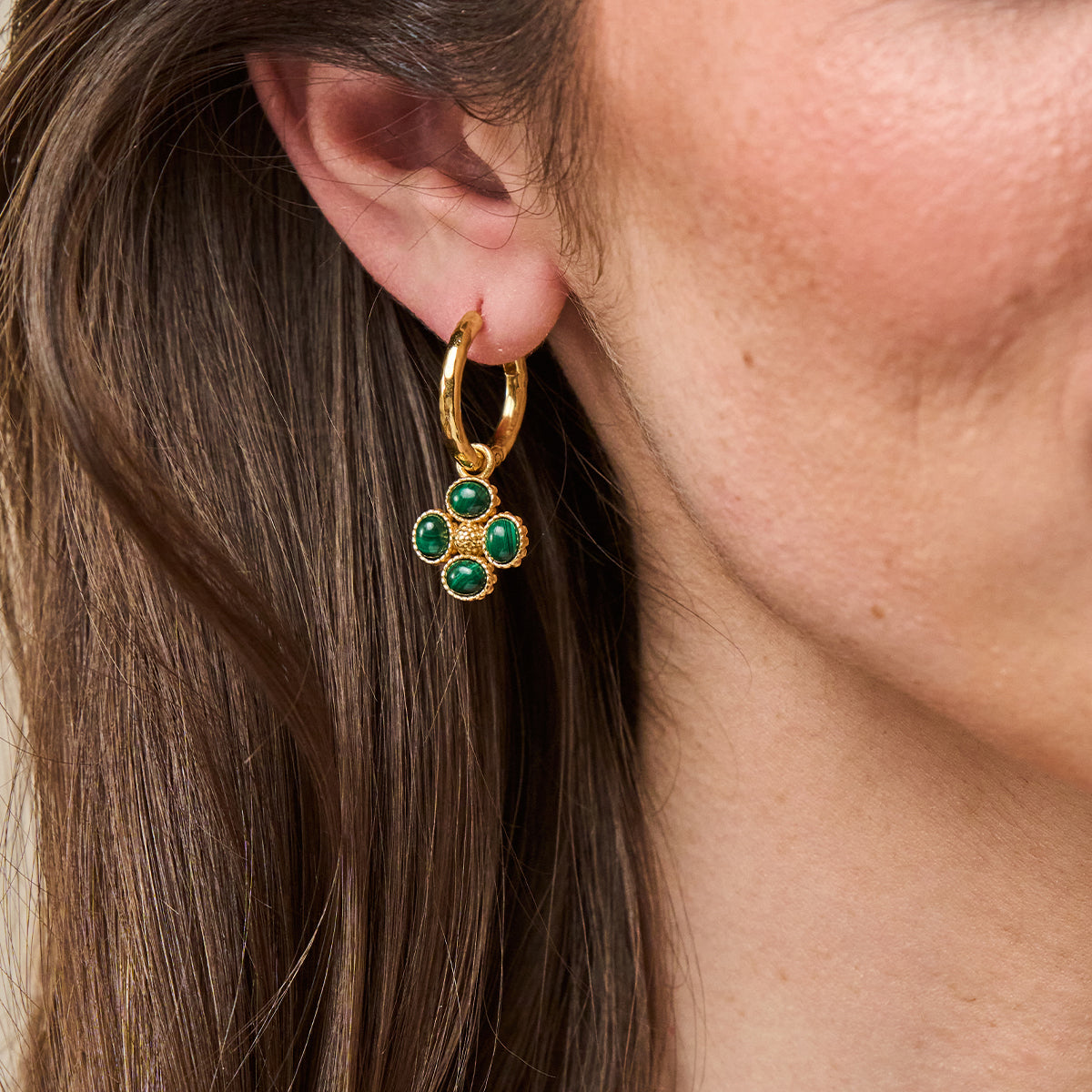 Berry Clover Hoop Earrings with Double Sided Charm - Malachite - Image 3