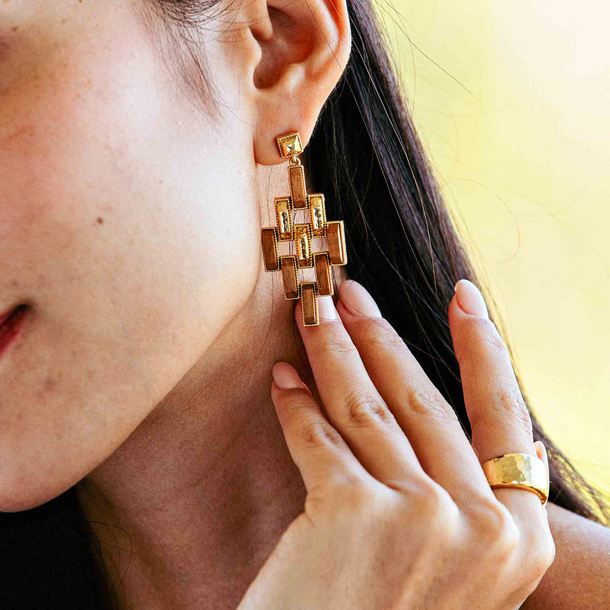 Pathway Post Drop Earrings - Gold/Teak - Image 3