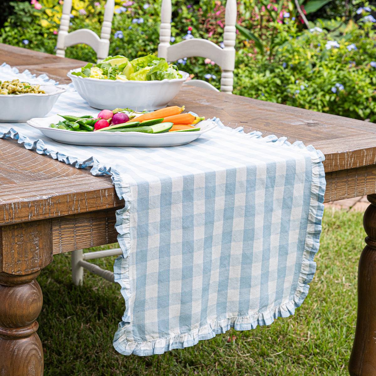 Gingham Ruffle 18 x 90 Table Runner - Ocean - Image 4