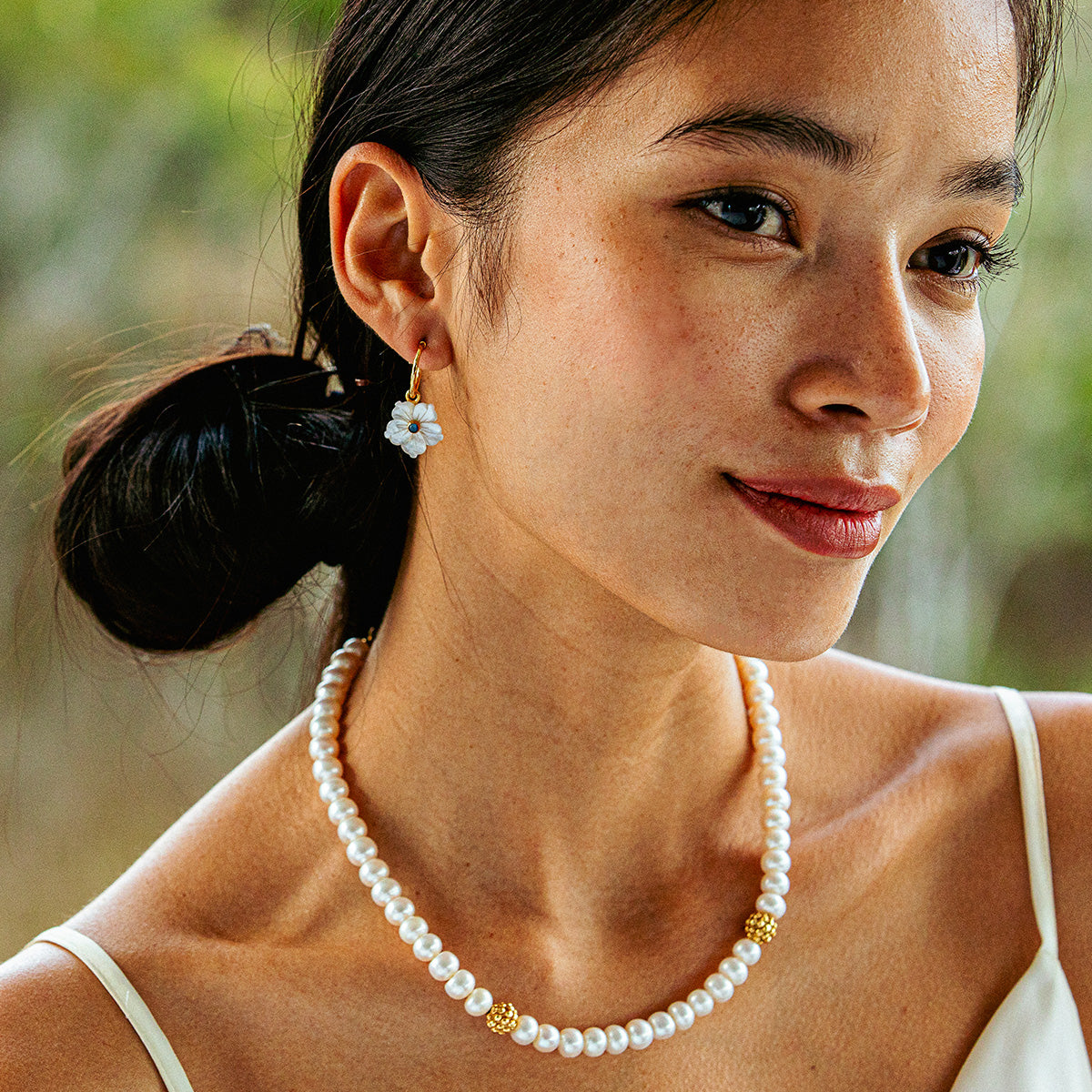 Mermaid Garden Hoop Earrings with Flower Charm - MOP - Image 6
