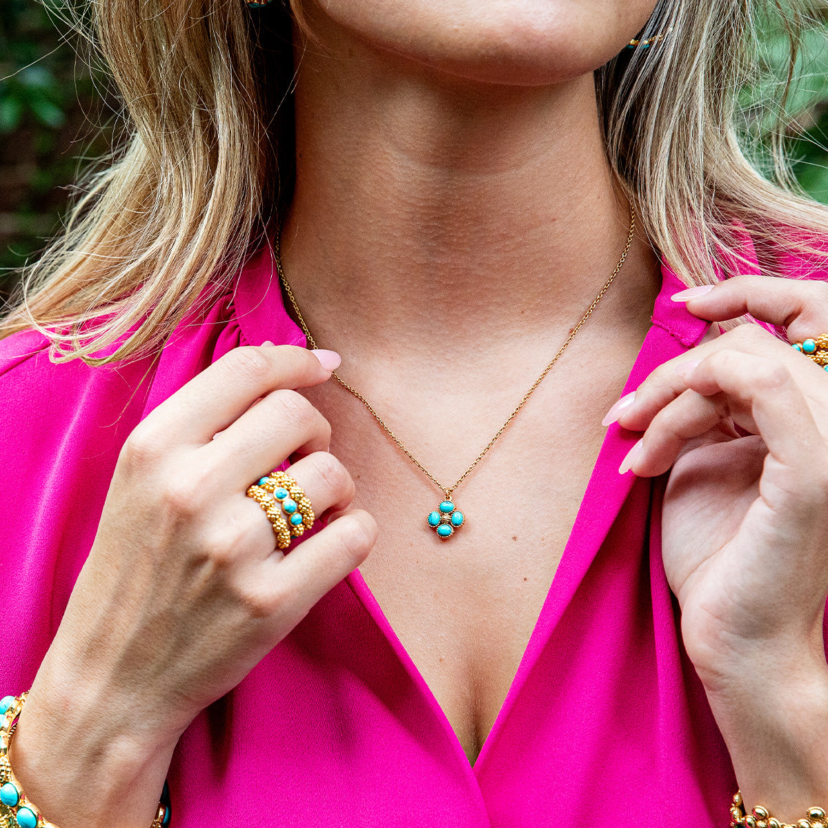 Berry Clover Double Sided Charm Necklace. 16+2 - Turquoise - Image 5
