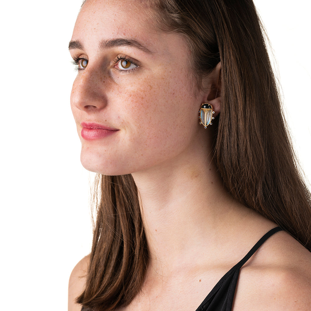 Scarab Clip Earrings - Blue Labradorite/Black Agate - Image 2