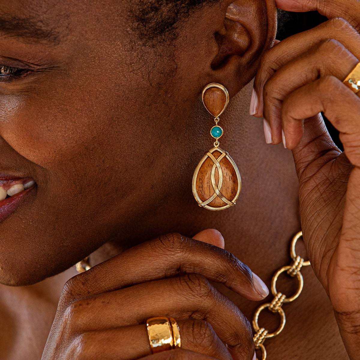 Earth Goddess Teardrop Earrings - Teak/Turquoise - Image 2