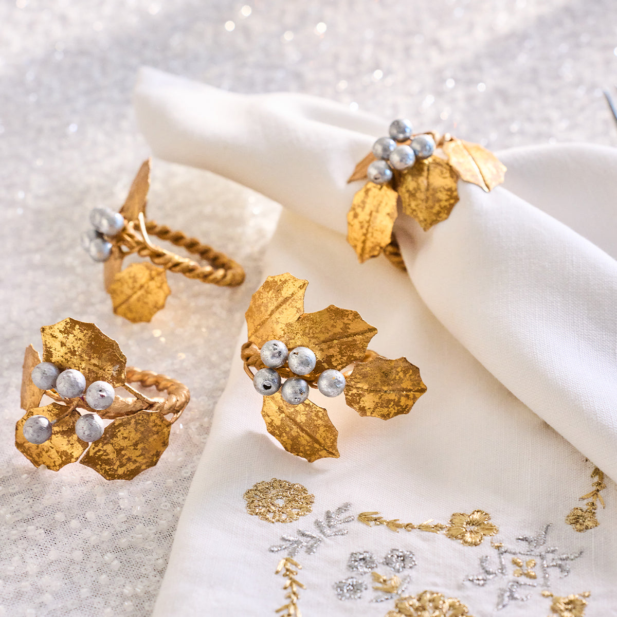 Forest Walk Holly with Berries Napkin Ring Set/4 - Gold/Silver - Image 4