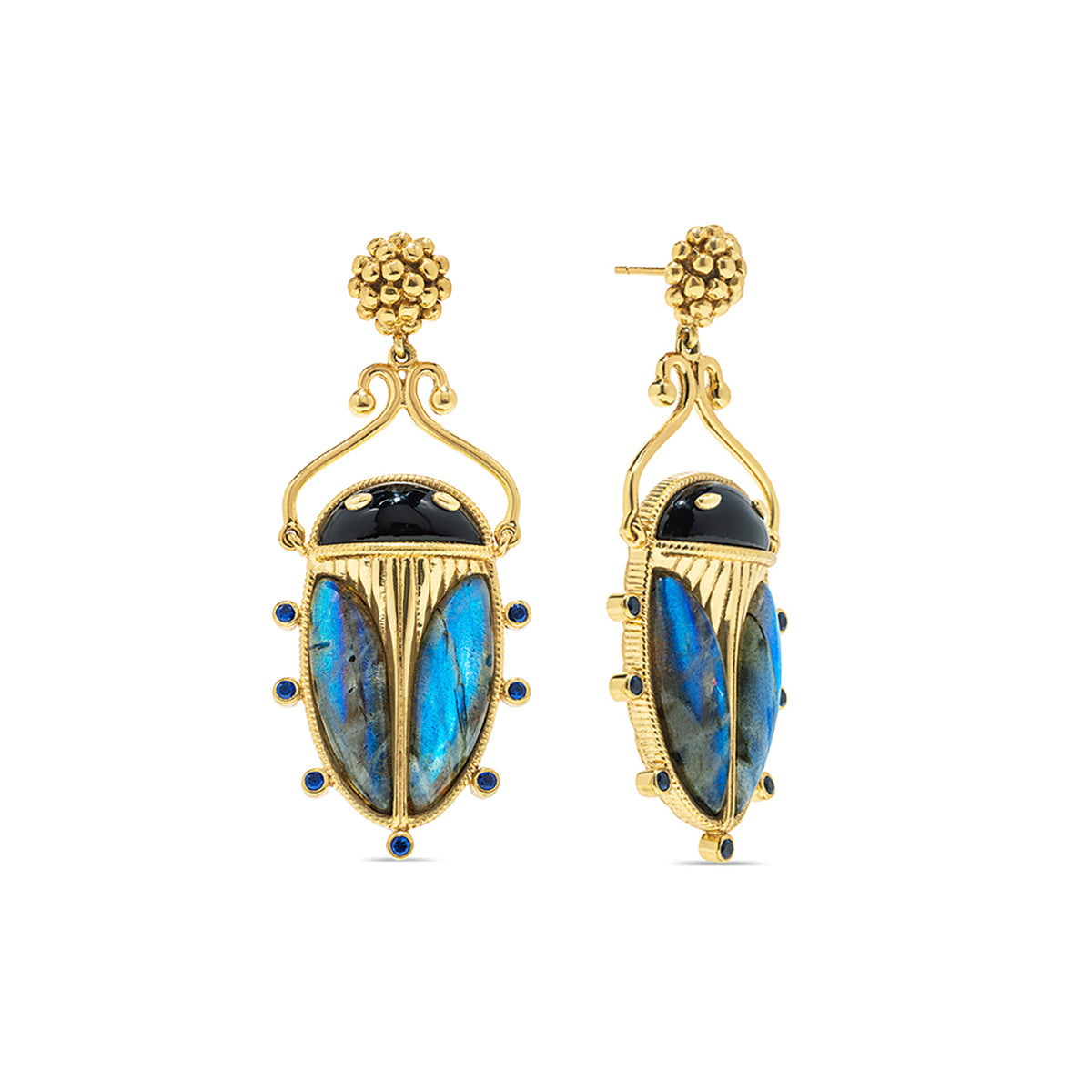 Scarab Berry Drop Earrings - Blue Labradorite/Black Agate