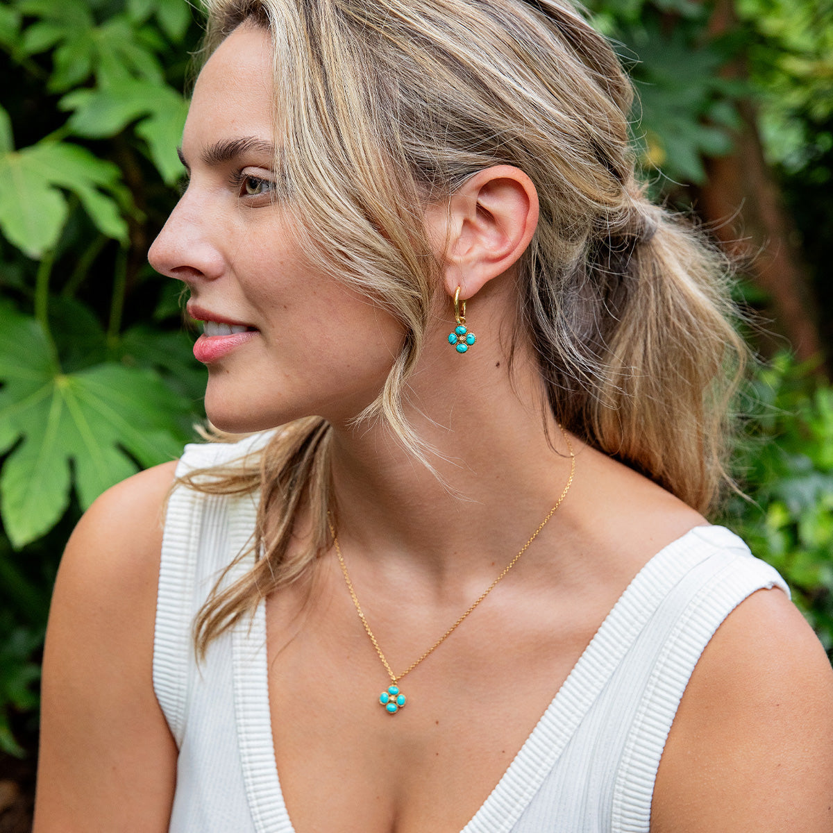 Berry Clover Hoop Earrings with Double Sided Charm - Turquoise - Image 3