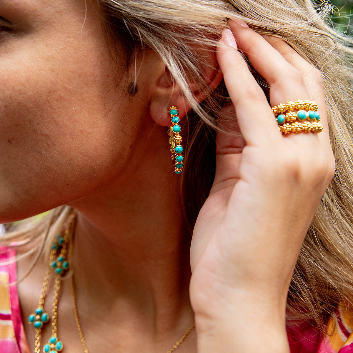 Berry Gem Medium Hoop Earrings - Turquoise - Image 4
