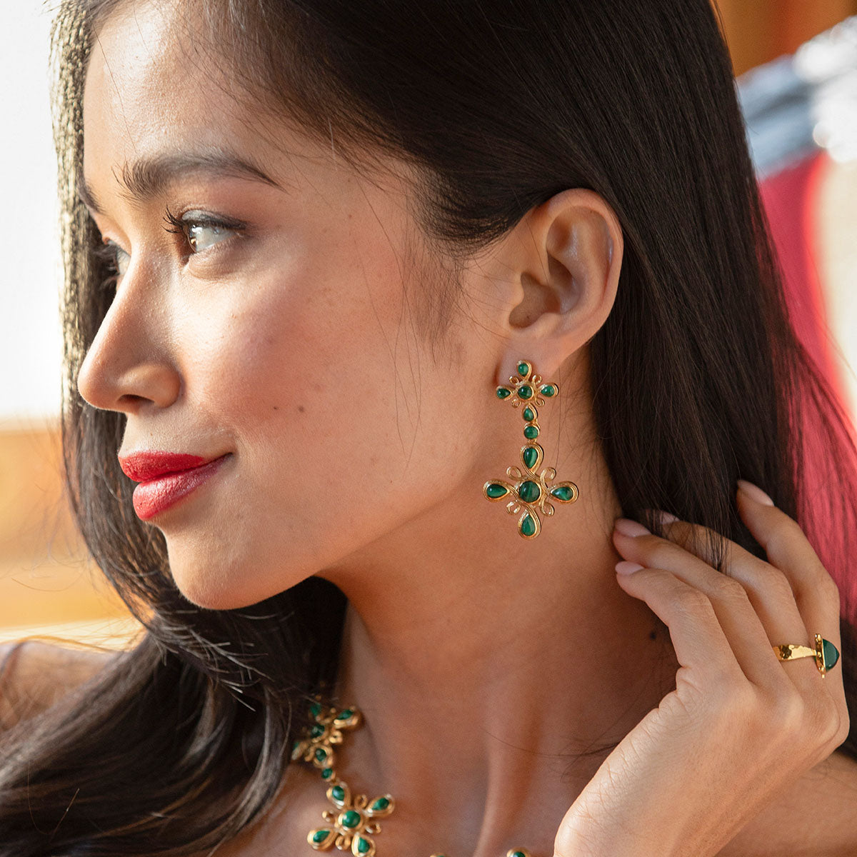 Monique Gem Convertible Double Drop Earrings - Malachite - Image 6