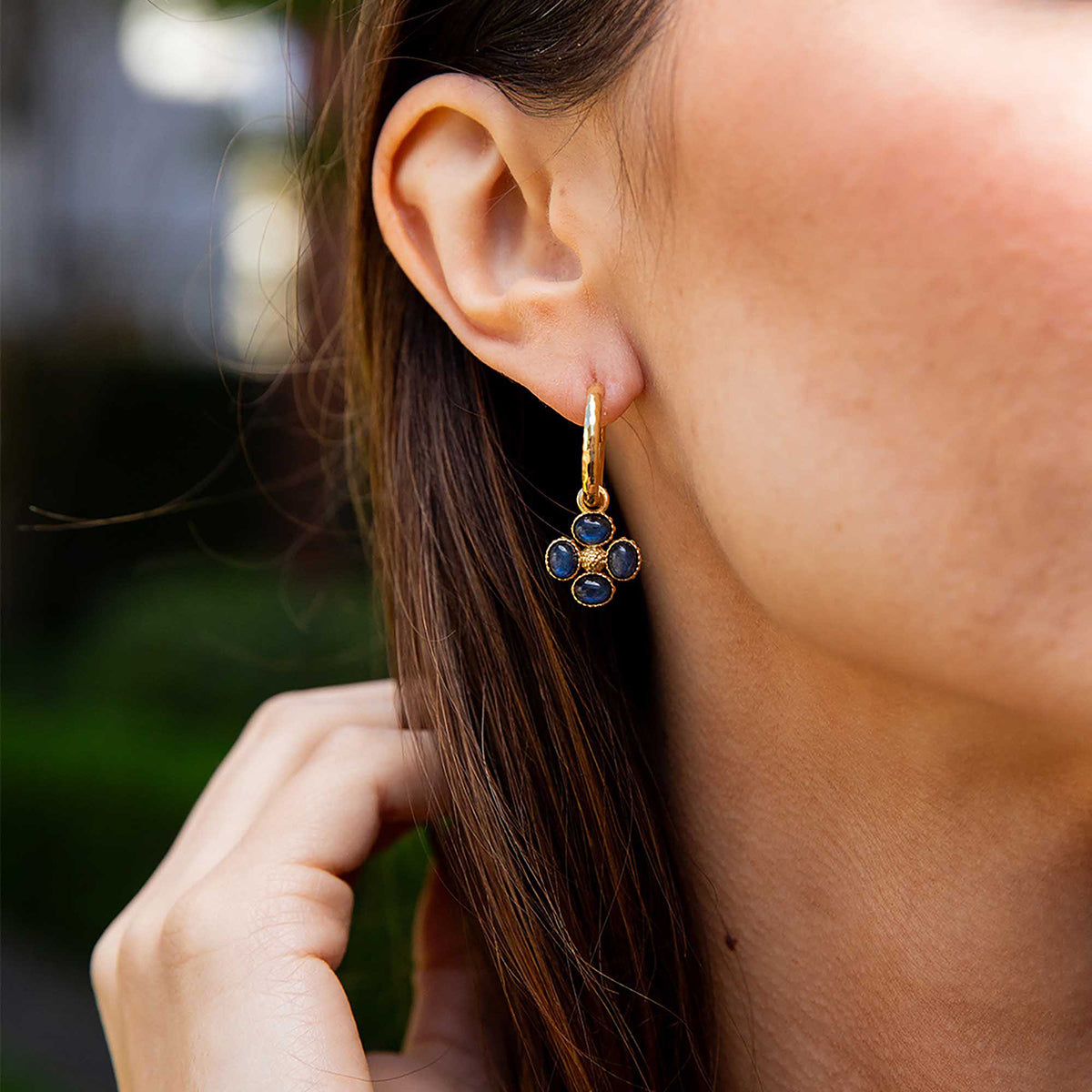 Berry Clover Hoop Earrings with Double Sided Charm - Blue Labradorite - Image 7