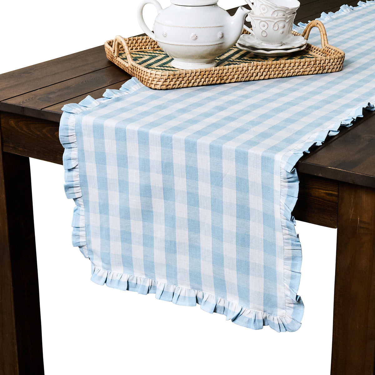 Gingham Ruffle 18 x 90 Table Runner - Ocean - Image 5